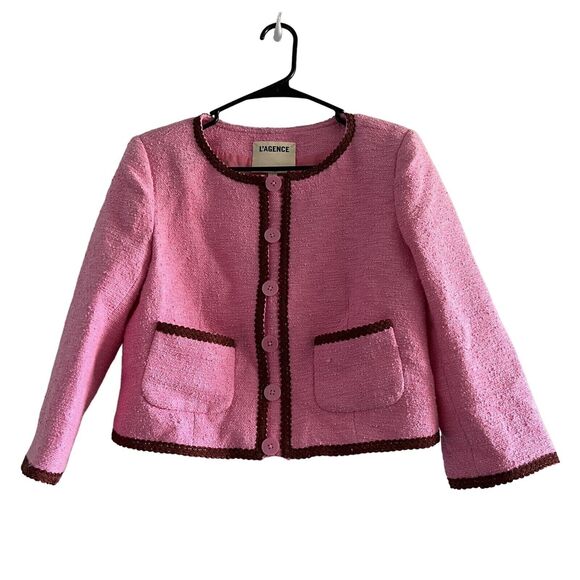L'AGENCE Jackets & Blazers - L’Agence Blazer Womens Size 4 Cropped Tweed Jacket Pink Button Closure